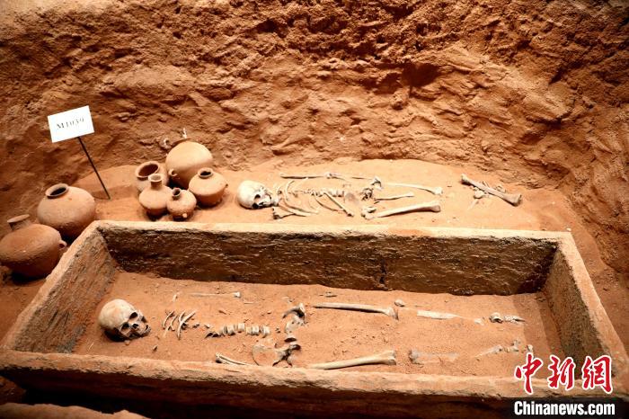 圖為河湟文化博物館復(fù)制展陳的墓葬及其彩陶陪葬品。　薛蒂 攝