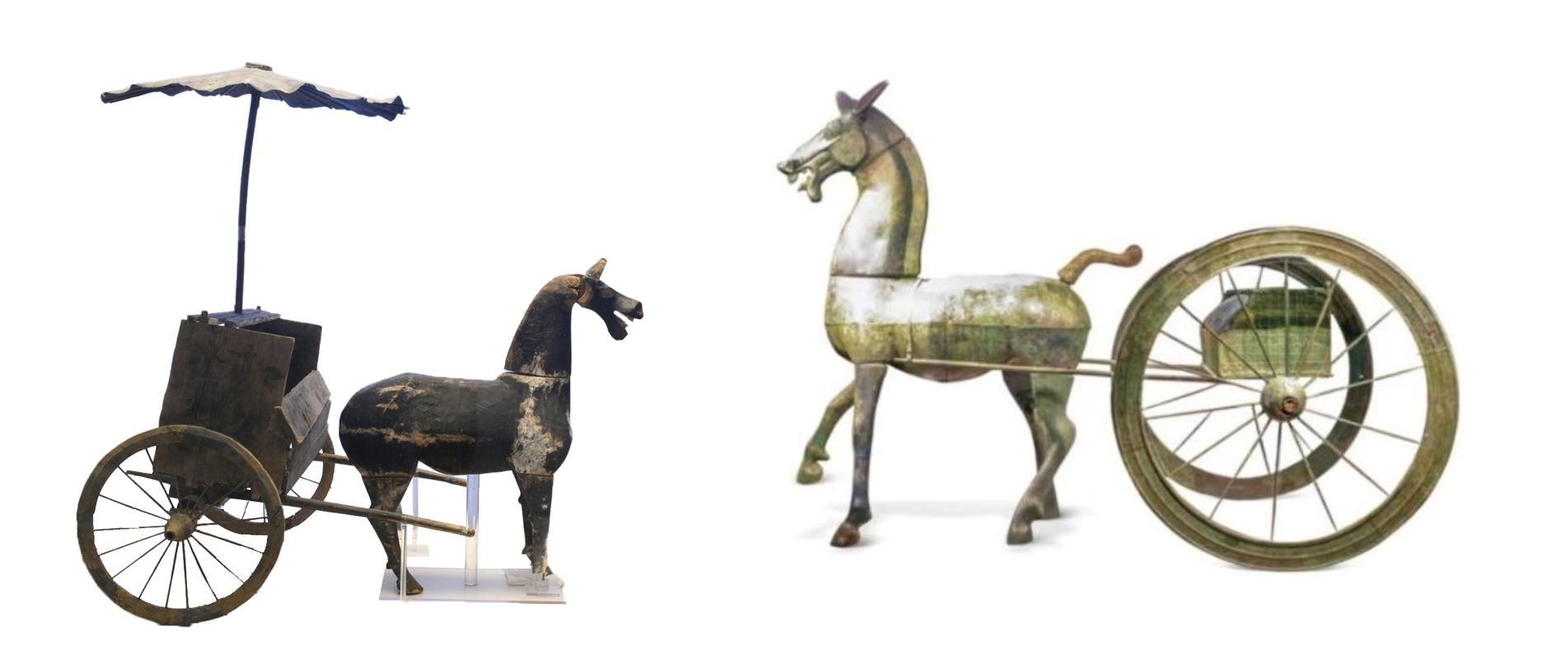 △左為漢代木軺車，藏于青海省博物館；右為東漢銅車馬，藏于黔西南州博物館。